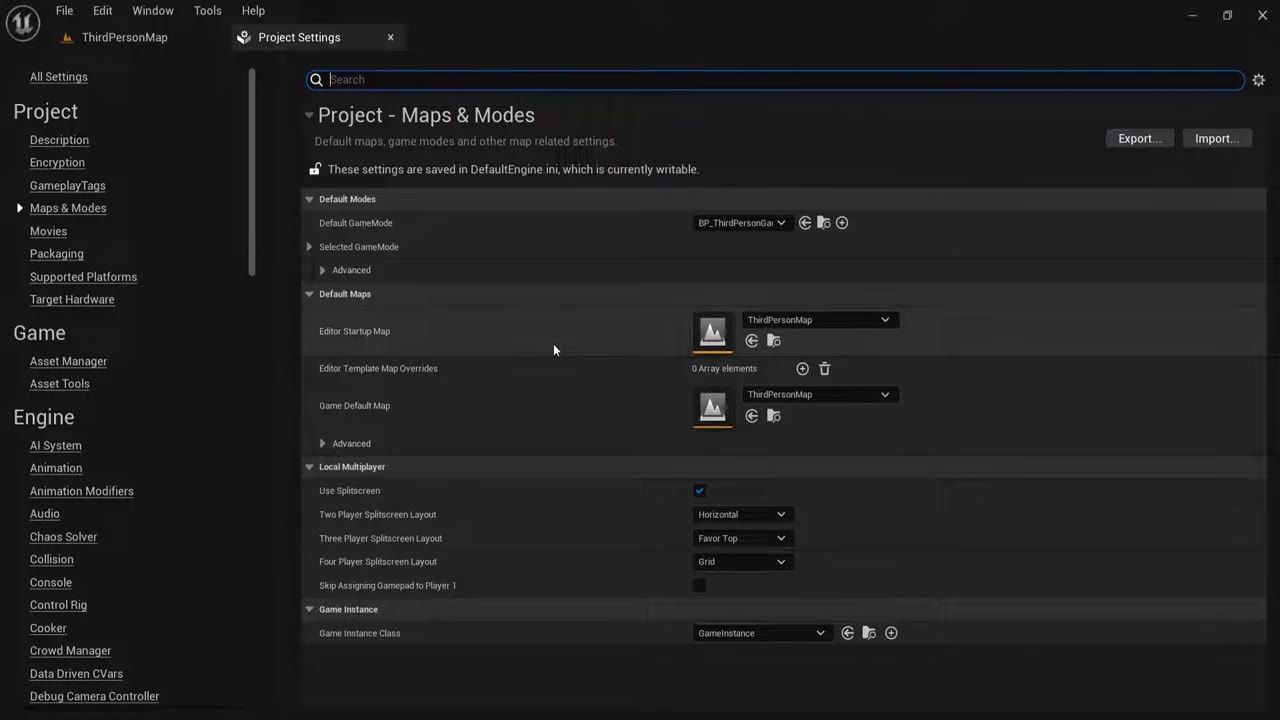 Unreal Engine Project Settings window open to the Maps & Modes page, showing the Default Maps section with Editor Startup Map and Game Default Map fields.