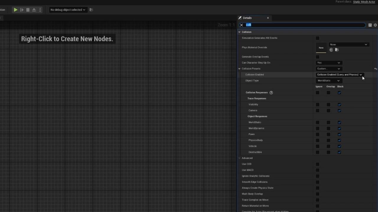 Unreal Engine details panel open to Collision settings with Collision Presets set to Custom and response checkboxes visible.