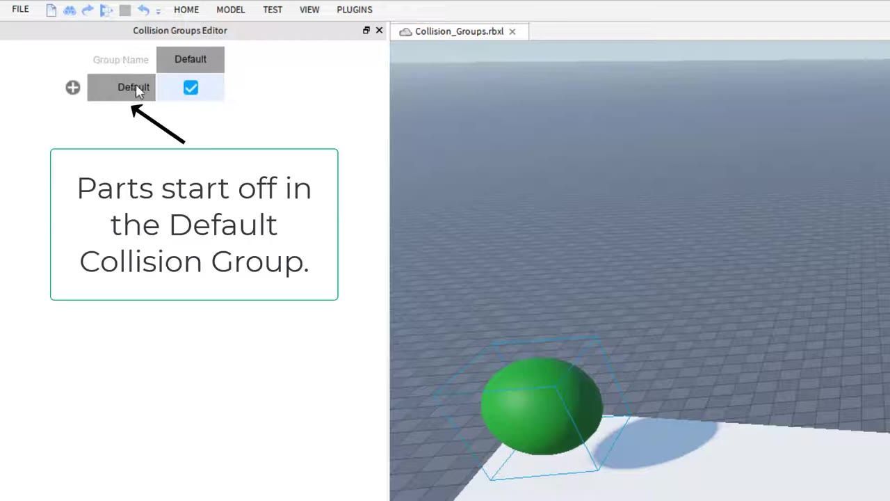 Roblox Studio is open with the Collision Groups Editor panel on the left, showing the Default collision group in the list, while the 3D workspace with a green sphere is visible on the right.