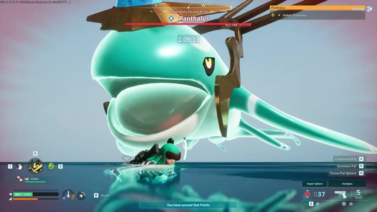 A battle scene featuring a large aquatic boss creature named Panthalus with visible health bar and player interface.