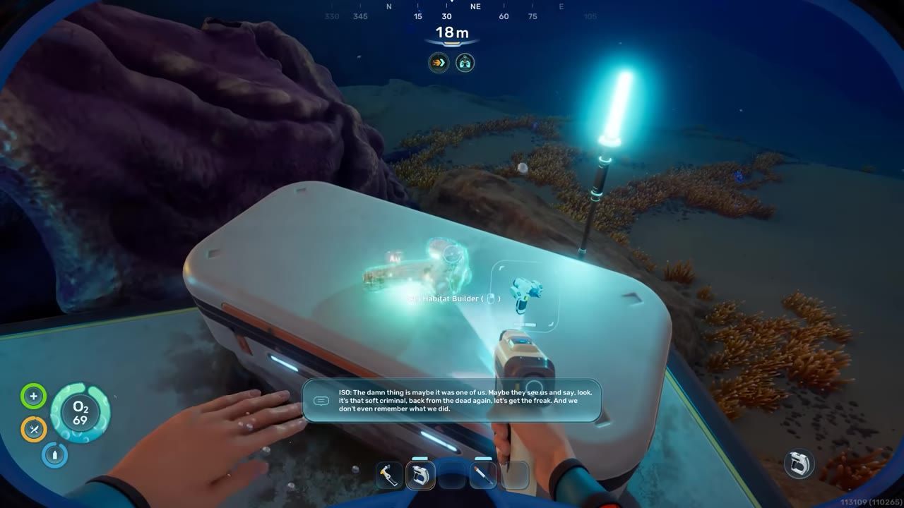 An underwater scene showing a scanner tool analyzing a Habitat Builder fragment, with UI elements displaying the item information.