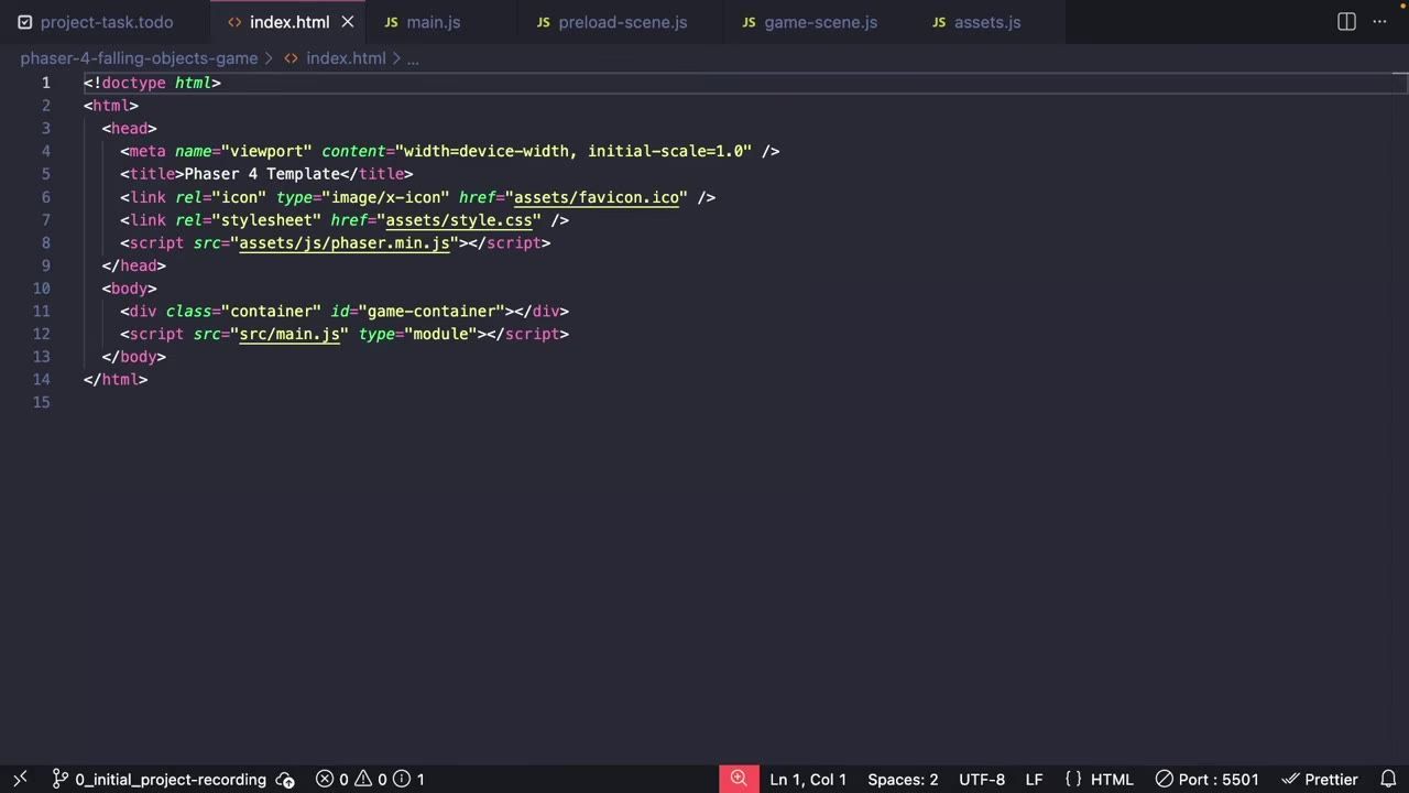 A code editor displays index.html for a Phaser 4 template with tabs for main.js, preload-scene.js, game-scene.js, and assets.js across the top.