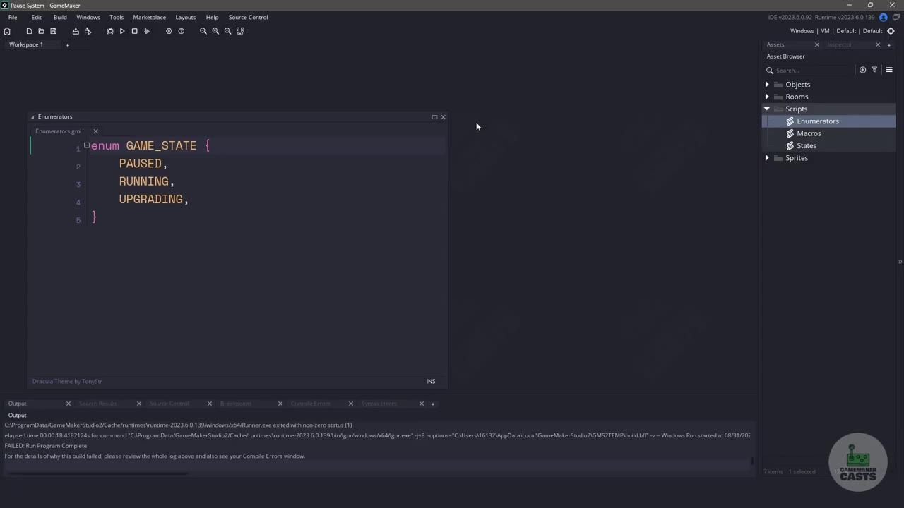 GameMaker editor showing a script named Enumerators.gml with an enum GAME_STATE listing PAUSED, RUNNING, and UPGRADING.
