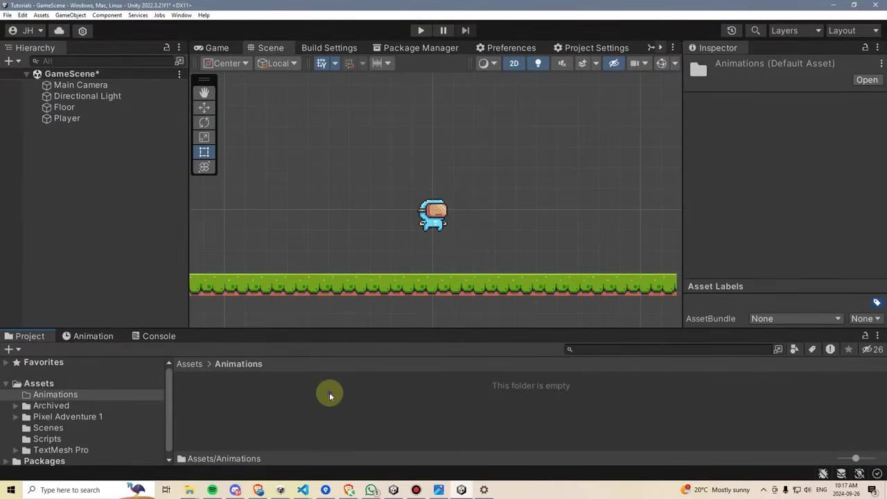 Unity editor with the Project window open to Assets/Animations, the Animations folder selected in the folder tree and the empty folder contents shown.