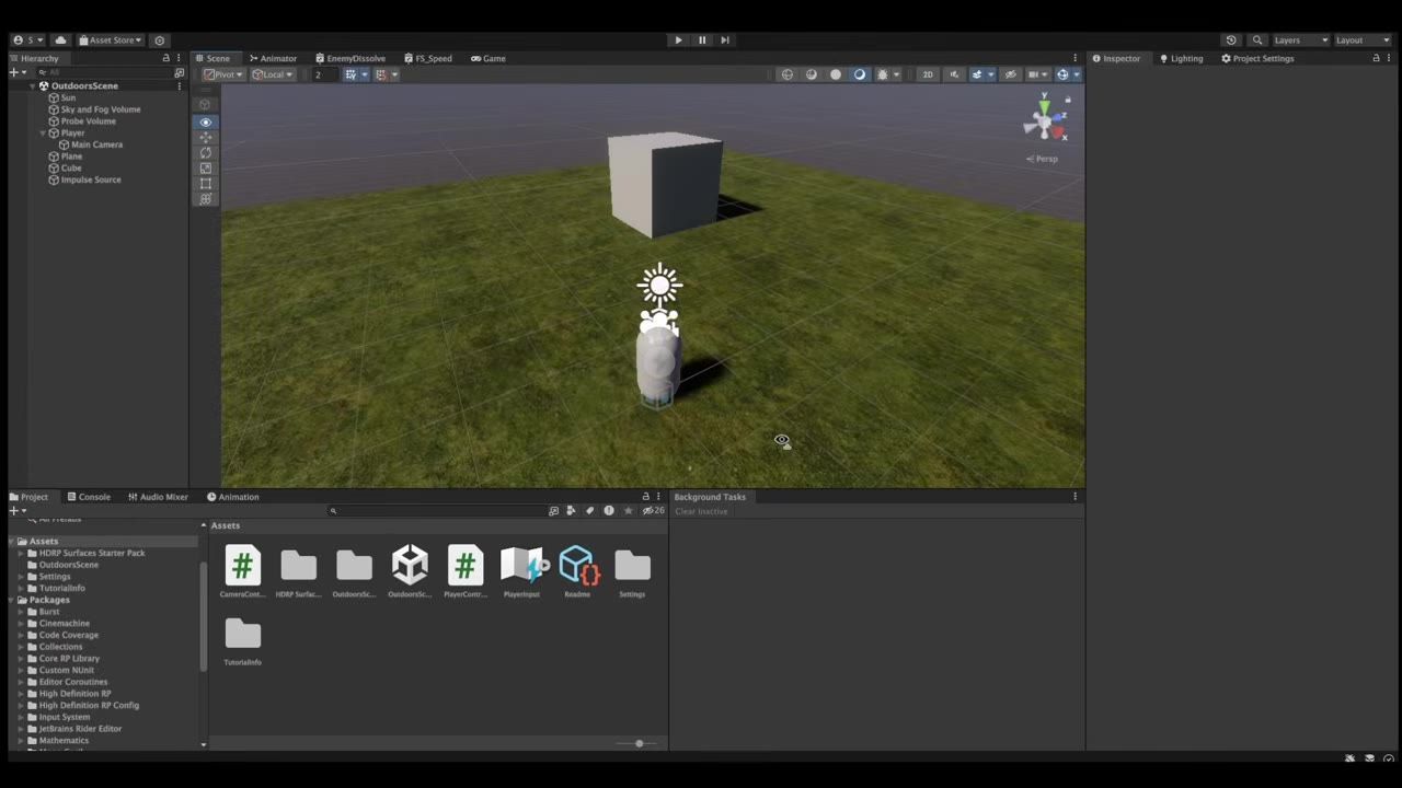 Unity Editor Scene view showing a simple outdoor 3D scene with a player character, a cube, and terrain, with the Hierarchy and Project panels visible.