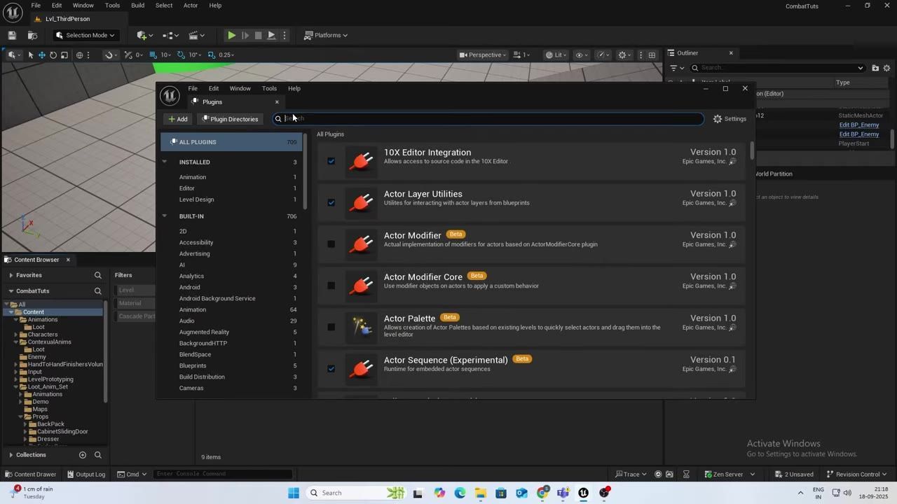 Unreal Engine editor with the Plugins window open over the level viewport, showing the all plugins list and a search bar.