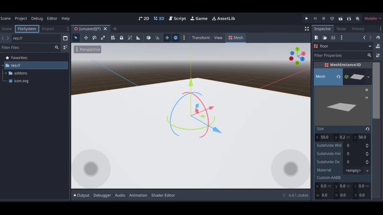 Godot editor is open with a 3D scene view, file system panel on the left, and inspector on the right with a floor mesh selected.