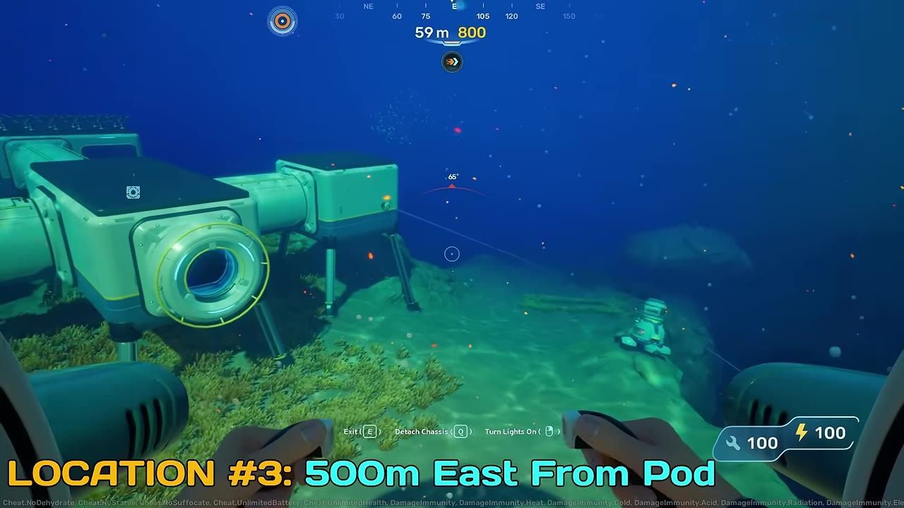 An underwater base with modules and an open ocean view, accompanied by part of a submersible vehicle.