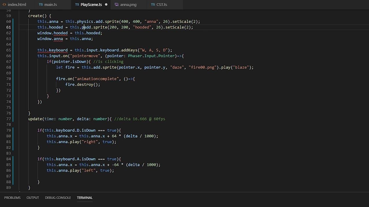 A code editor displays PlayScene.ts with create and update functions, including lines that create sprites using this.physics.add.sprite.
