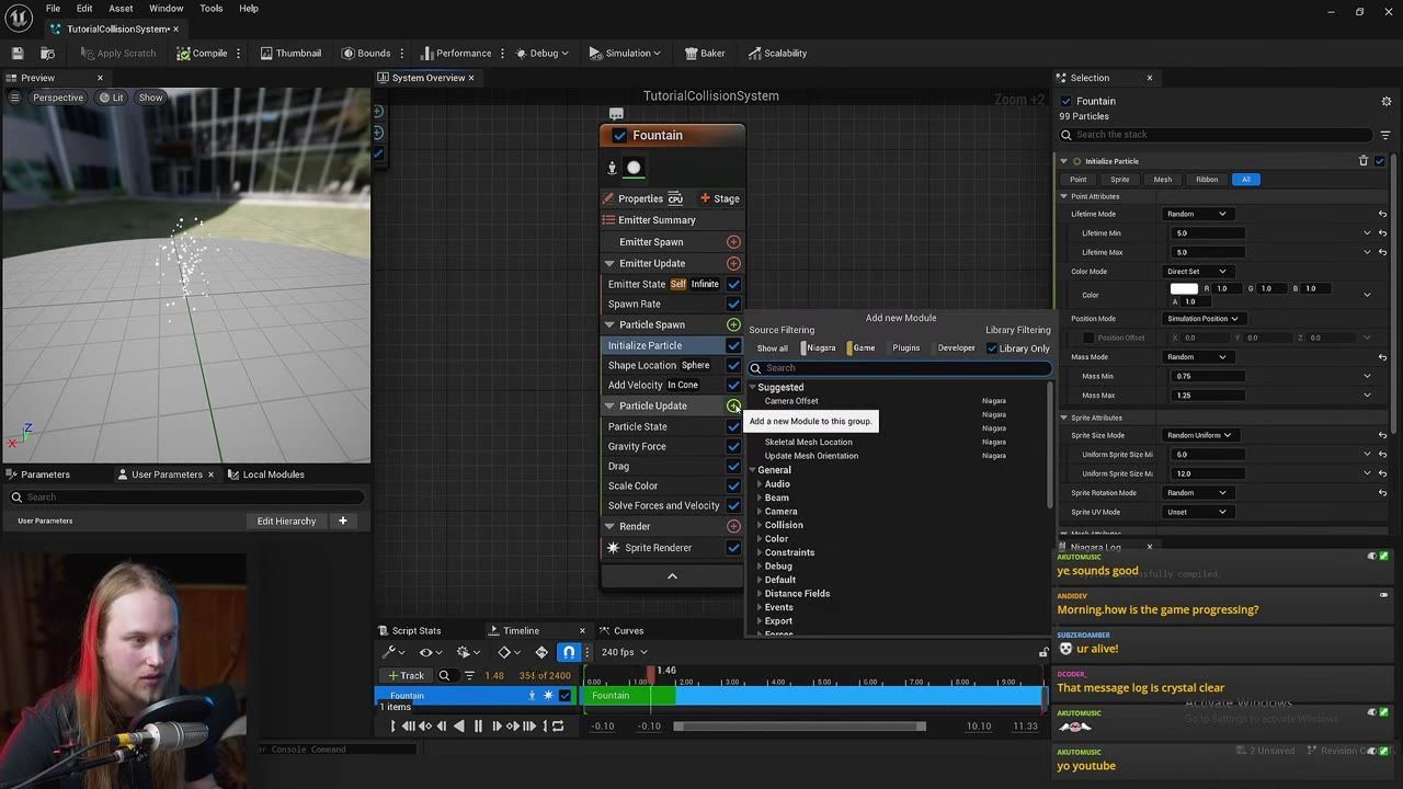 Unreal Engine Niagara editor with the Fountain emitter stack open and the add new module menu displayed over Particle Update.