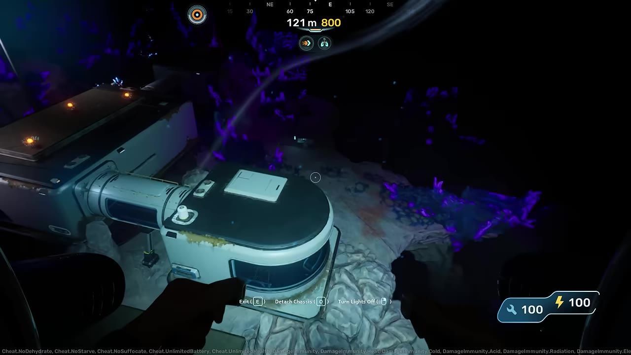 A game scene showing part of a constructed base module surrounded by glowing environment elements.