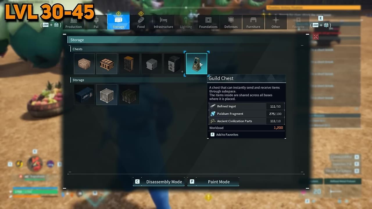 Game interface displaying storage items and details of a selected Guild Chest.