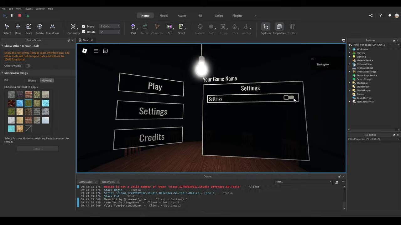 Roblox Studio shows a dark menu mockup in the main viewport with Play, Settings, and Credits buttons beside a settings panel.