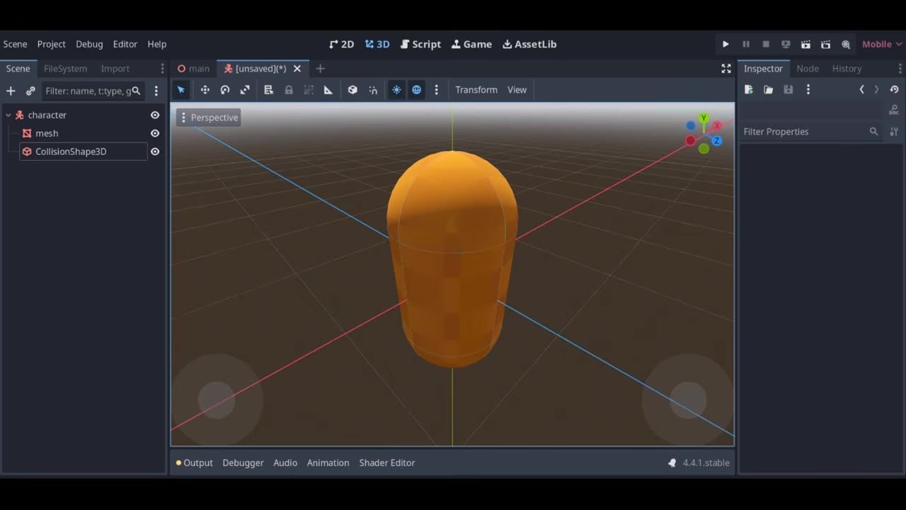 Godot editor with the scene tree on the left showing a character node with mesh and CollisionShape3D children, a 3D viewport in the center, and the Inspector on the right.