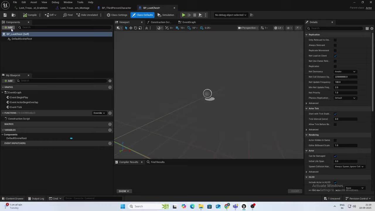 Unreal Engine Blueprint editor is open on BP_LootChest with the Components panel on the left and an empty viewport in the center.