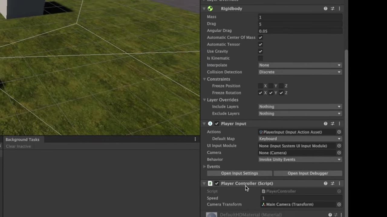 Unity Editor with the Scene view on the left and the Inspector on the right showing Rigidbody, Player Input, and Player Controller script components.