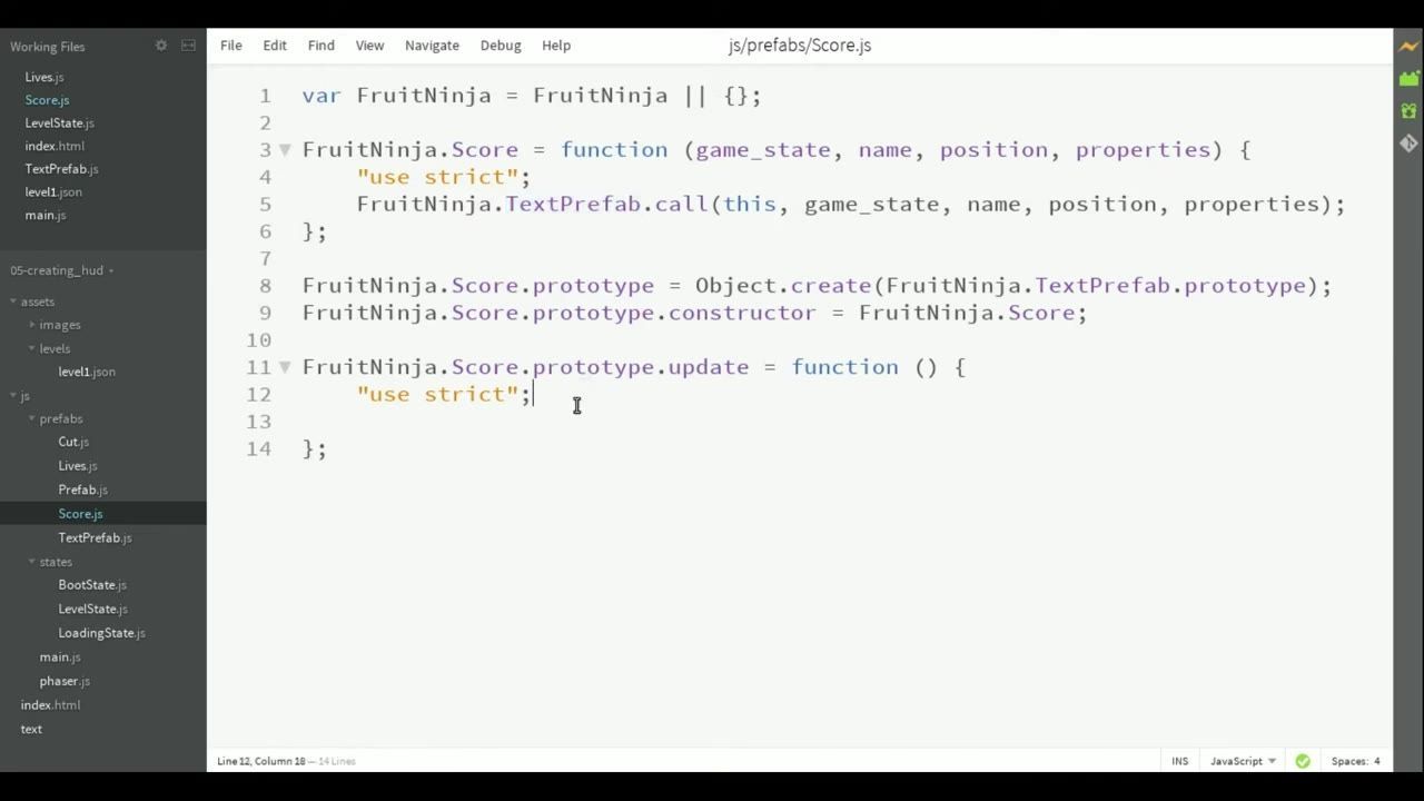 A code editor is open to js/prefabs/Score.js showing the FruitNinja.Score constructor and an update method stub, with the project file tree on the left.