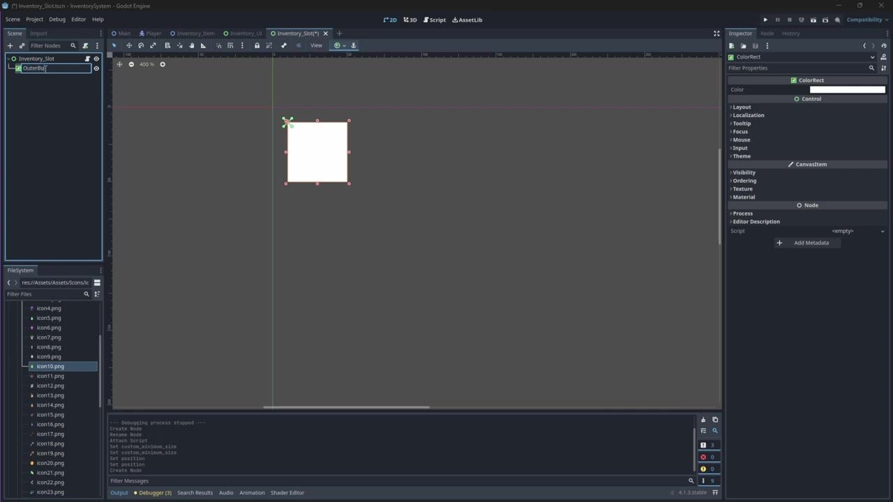 Godot editor with the Scene dock on the left, a selected ColorRect node under Inventory_Slot, the 2D viewport in the center showing a small white square, and the Inspector panel on the right.