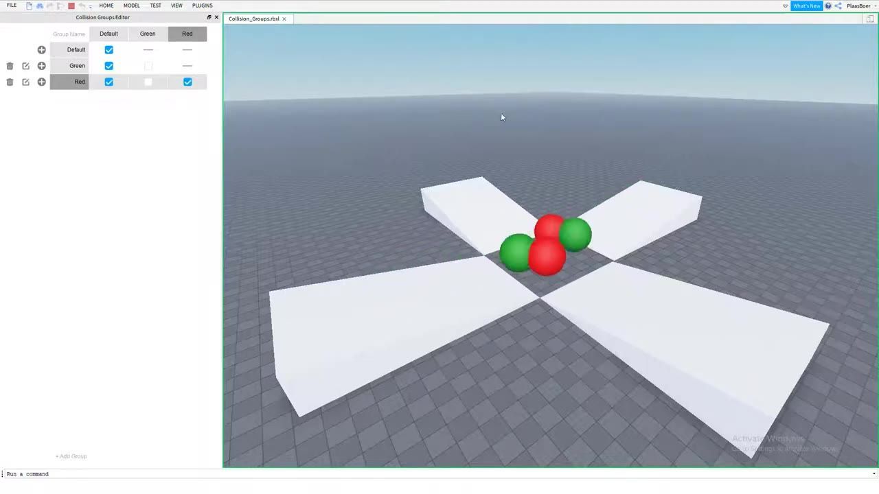 Roblox Studio is open with the Collision Groups Editor on the left and a Play window on the right showing white ramp-like parts around red and green spheres on a gray baseplate.