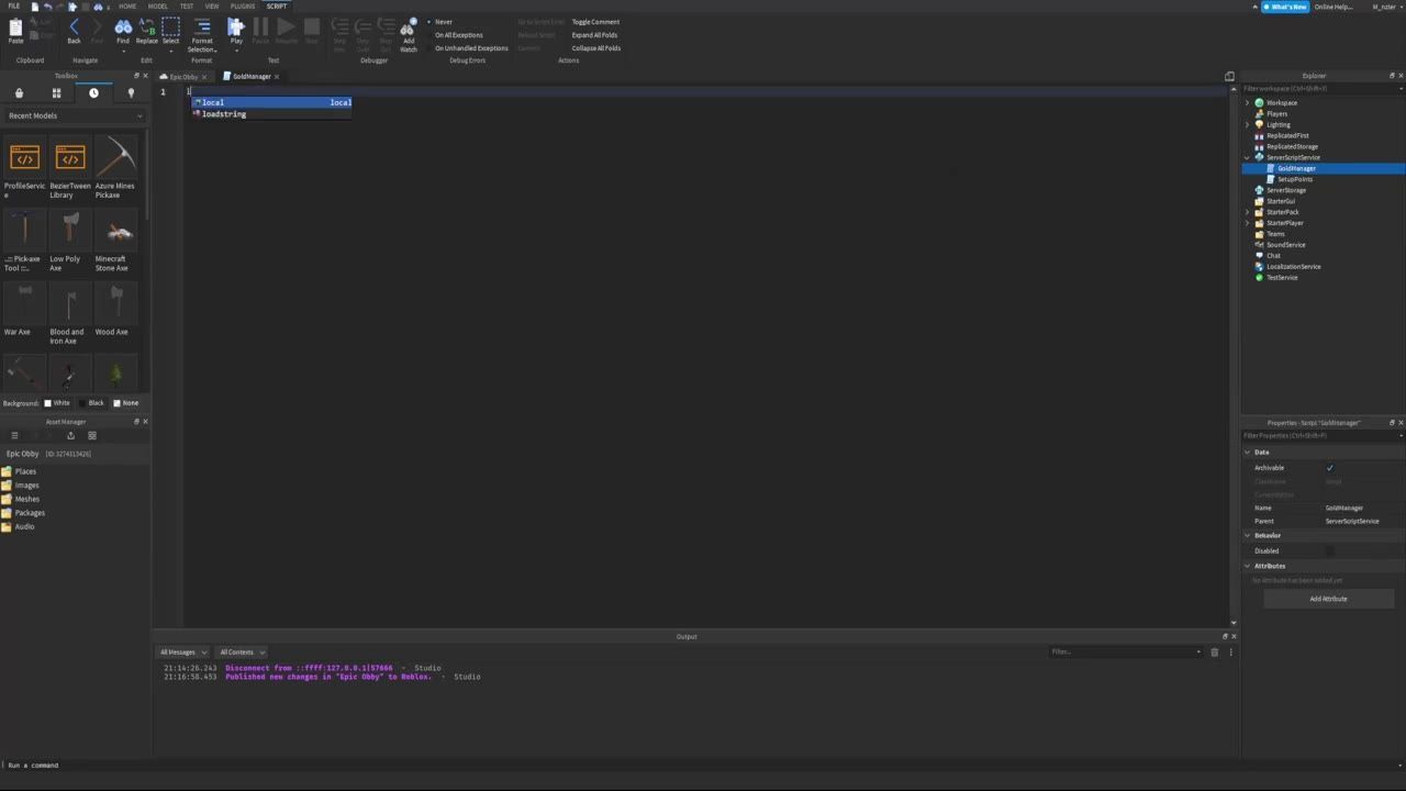 Roblox Studio is open with ServerScriptService selected in the Explorer and a script named GoldManager highlighted.