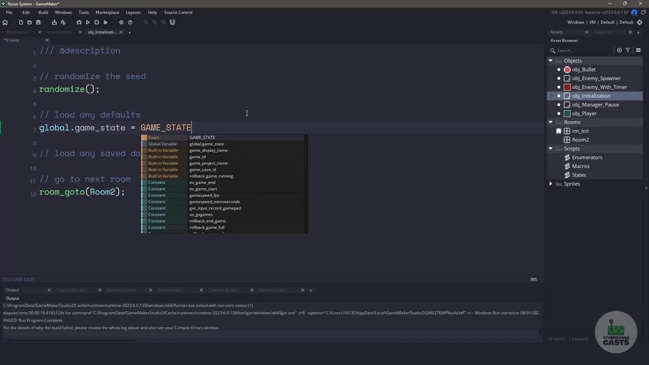 GameMaker Studio is open with an initialization object script showing code that sets global.game_state and a code completion menu.