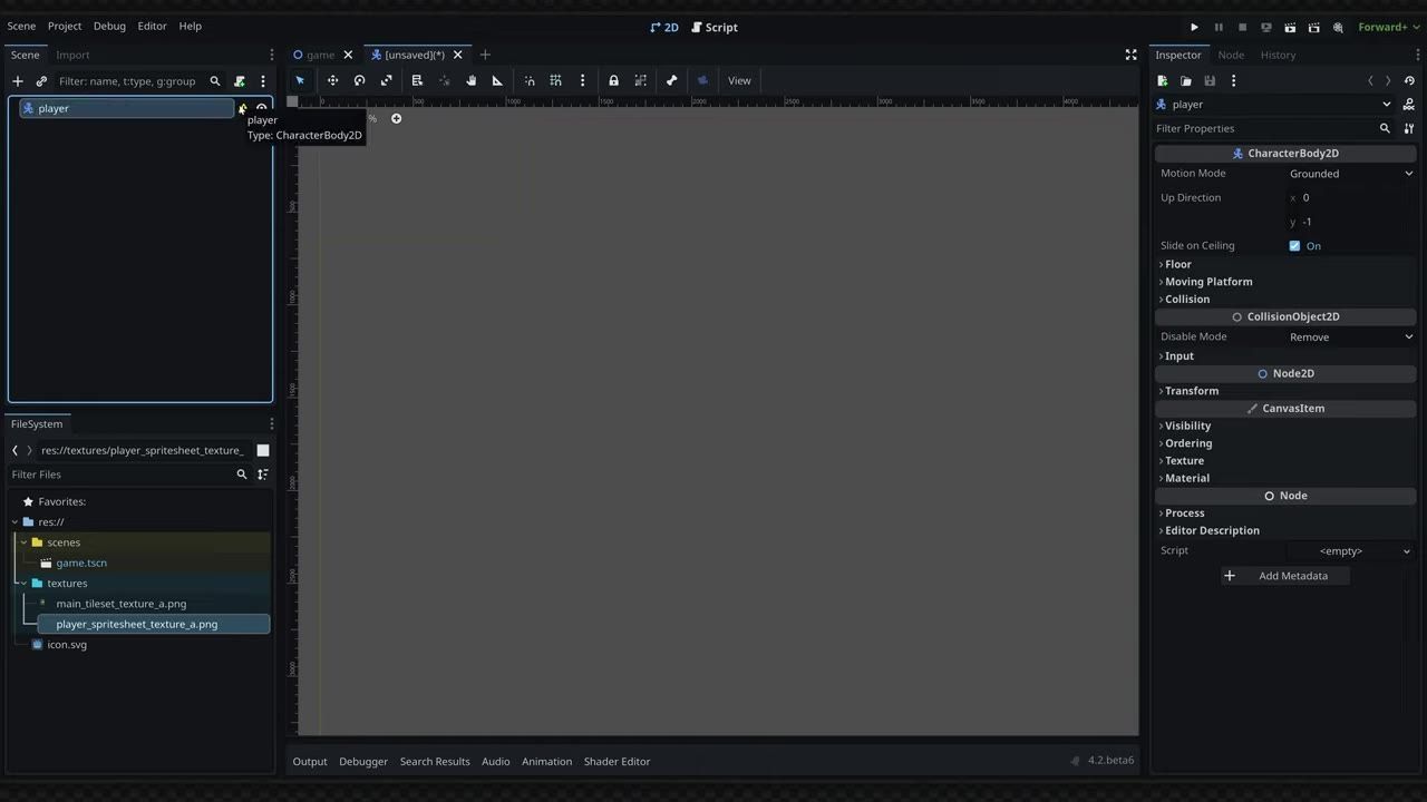 Godot editor is open with a scene tree on the left, a CharacterBody2D named player selected, and the inspector on the right.