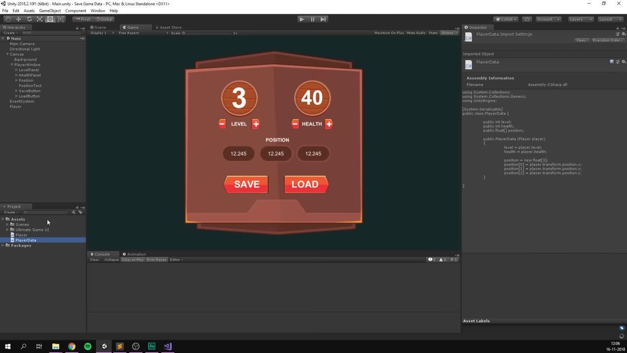 Unity Editor with the Project window open and the PlayerData script selected, while the Inspector shows its C# code and a game UI preview in the center.