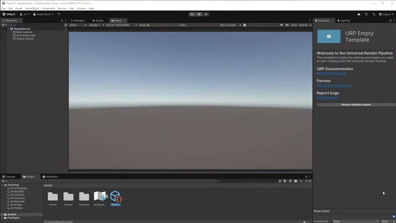 Unity editor open with the Hierarchy panel on the left, the Scene and Game tabs above the main view, the Inspector panel on the right, and the Project window along the bottom.