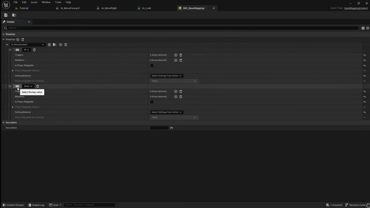 Unreal Engine editor showing the IMC_BaseMapping input mapping context with an IA_MoveForward mapping bound to the W key.