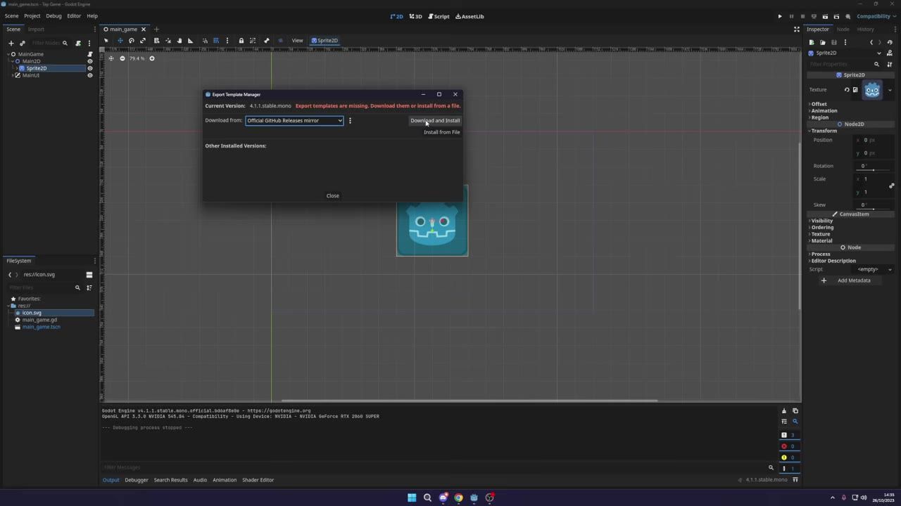 Godot editor with the Export Template Manager dialog open and a Download and Install button on the right.