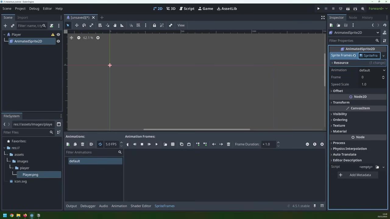 Godot editor with an AnimatedSprite2D node selected and the SpriteFrames editor open at the bottom.