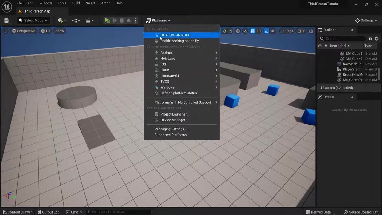 The Unreal Engine editor is open with the Platforms dropdown menu expanded and Packaging Settings visible near the bottom.