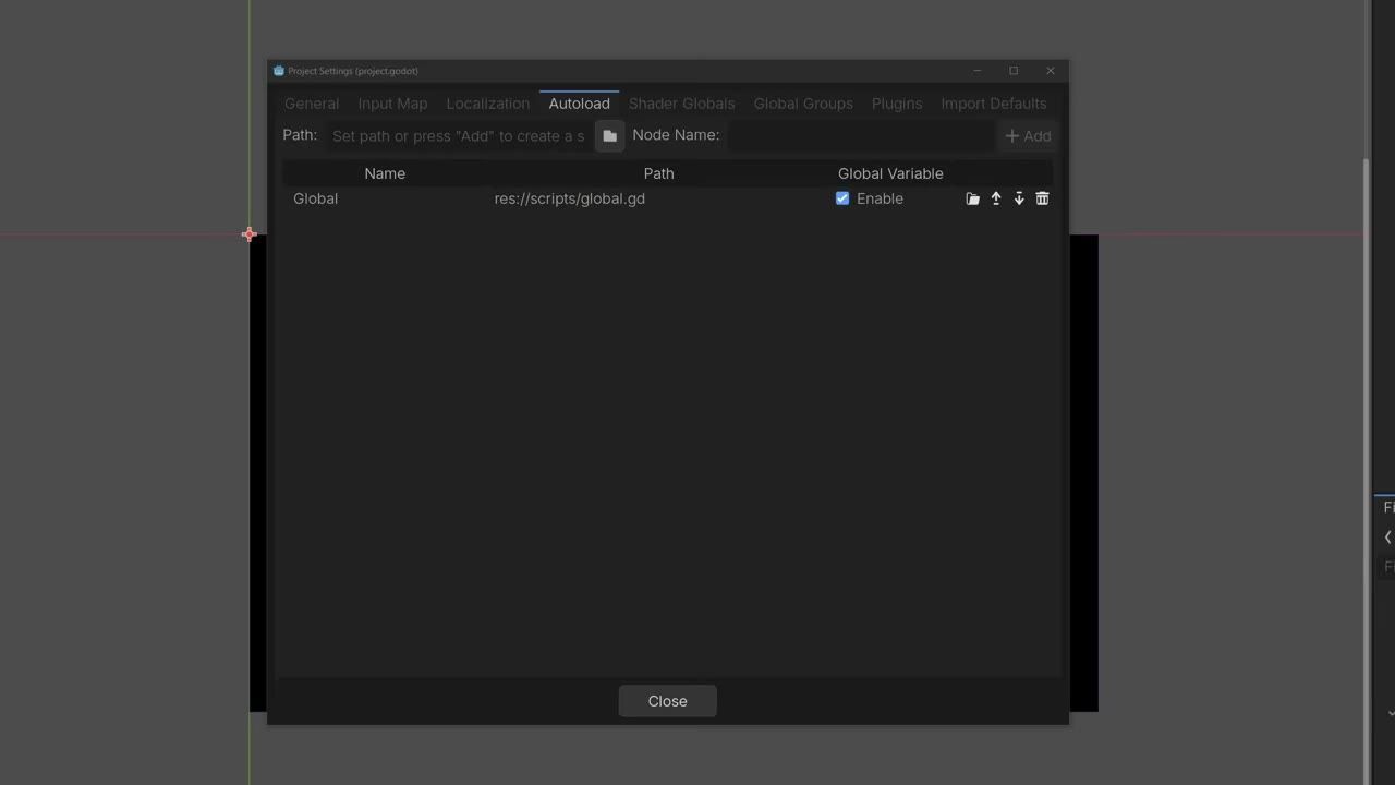 Godot Project Settings window is open on the Autoload tab with a global script entry listed.