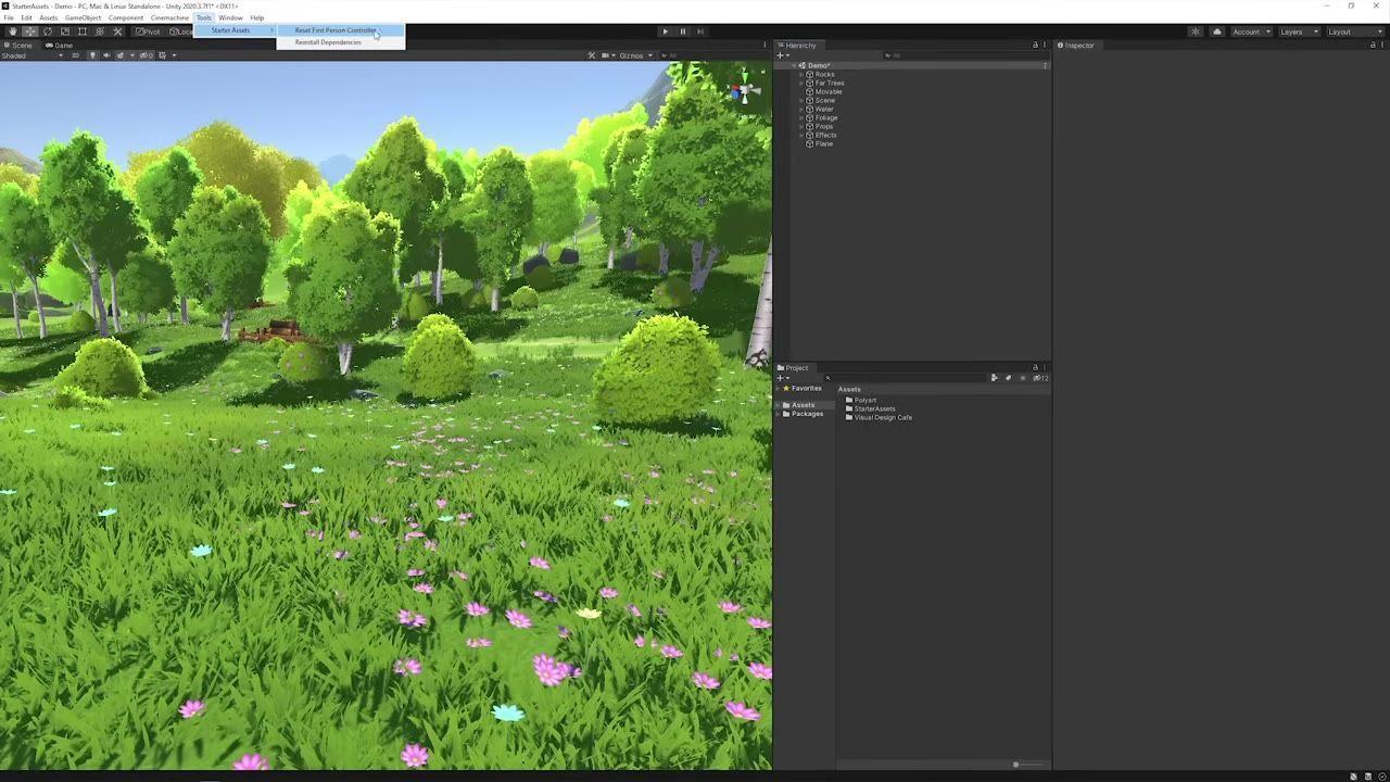 Unity Editor with a forest scene in the Scene view, a Hierarchy panel listing scene objects, and the Starter Assets menu open to Reset First Person Controller.