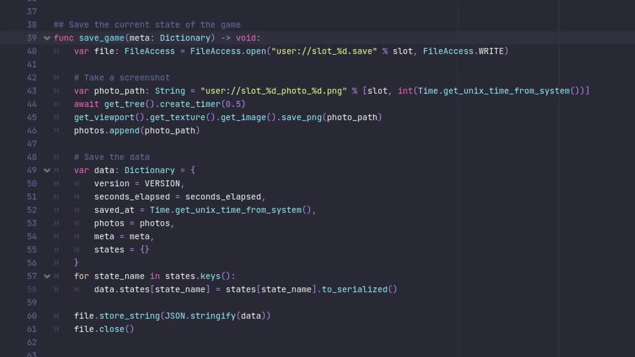 A dark-themed code editor shows a save_game function that opens a save file, captures a screenshot, serializes state data, and stores JSON.