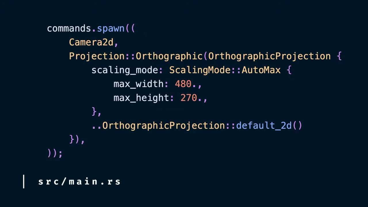A code editor view shows a Camera2d OrthographicProjection configuration with scaling_mode set to AutoMax and max_width 480, max_height 270.