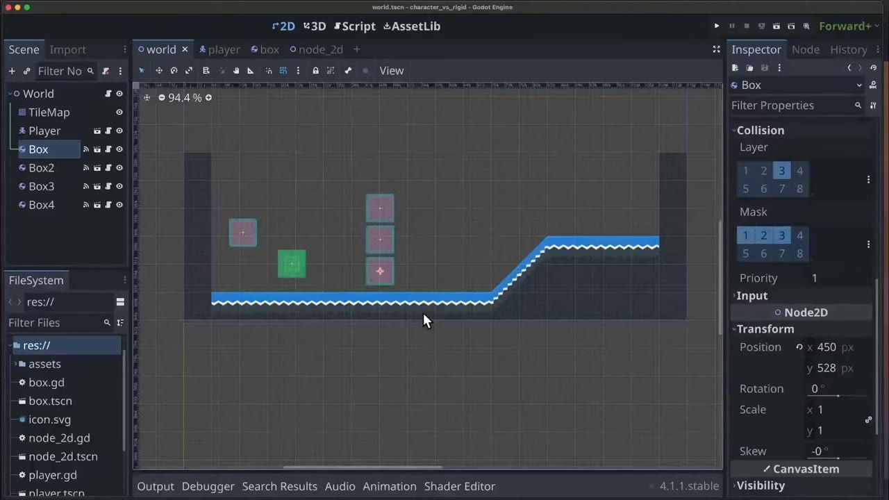 Godot Engine editor with the Box node selected and the Inspector open to Collision layer and Mask settings.