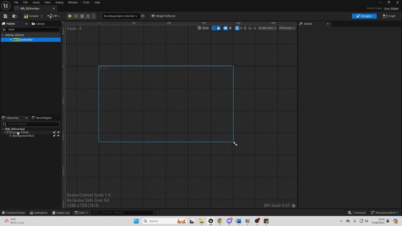 Unreal Engine widget designer showing a Canvas Panel with a Background Blur in the hierarchy and an empty design canvas.