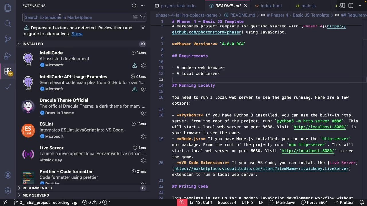 Visual Studio Code is open with the Extensions sidebar showing marketplace search results, including Live Server, while a README file is open in the editor.
