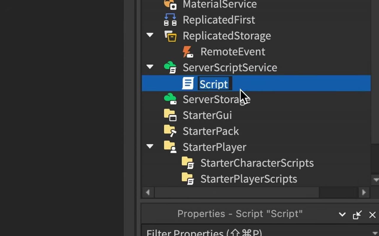 Roblox Studio Explorer with ReplicatedStorage expanded to show a RemoteEvent and ServerScriptService expanded with a Script selected.