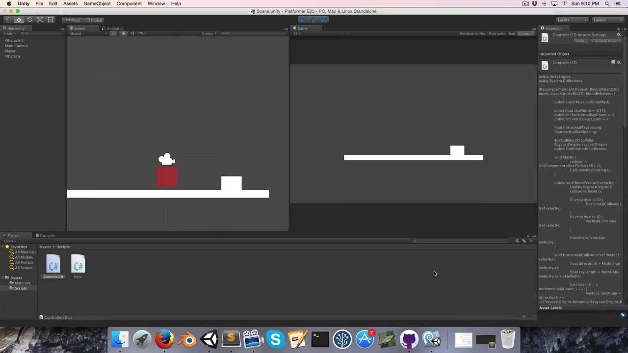 Unity Editor with a 2D platformer scene open, the Controller2D script displayed in the Inspector on the right, and a simple level preview in the center.