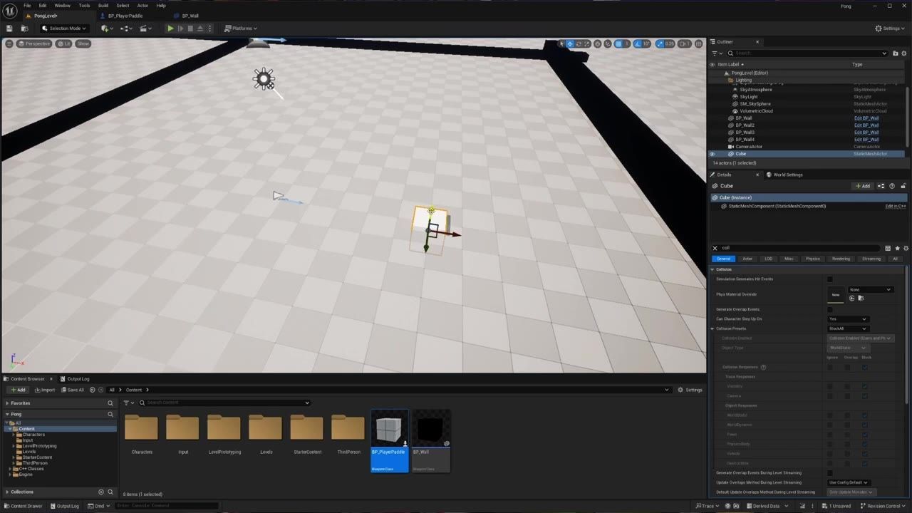 Unreal Engine editor is open with a level viewport, a selected cube actor, and collision settings shown in the details panel.