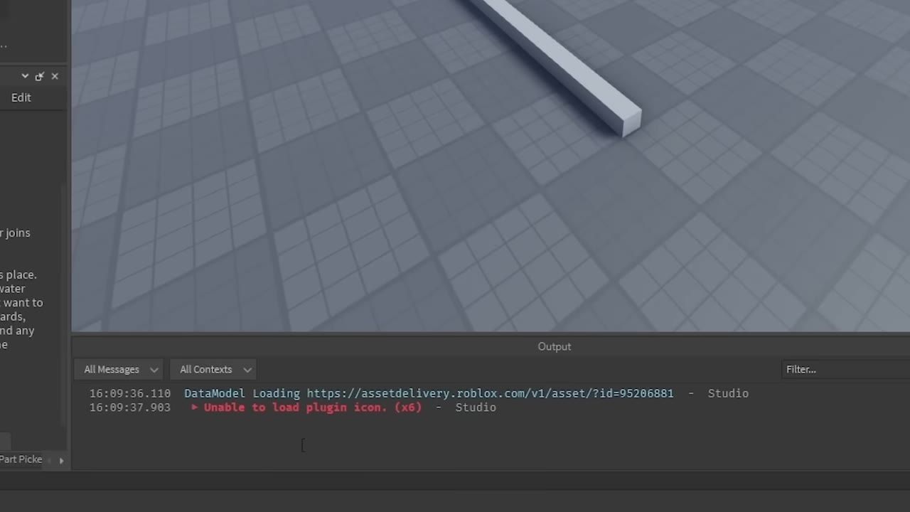 Roblox Studio shows a gray tiled workspace with a long white block in the scene and an Output panel at the bottom.