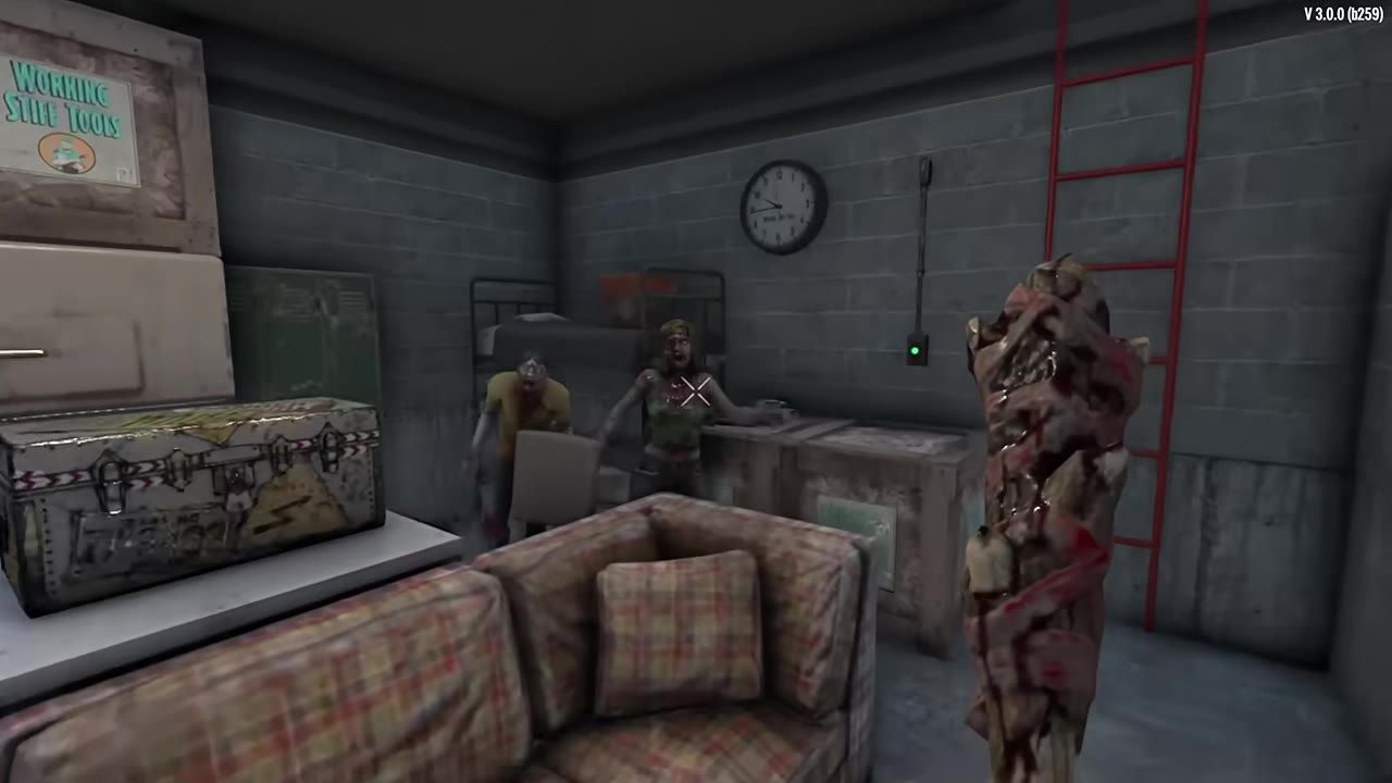 Room in a game featuring furniture, loot containers, zombies, and a weapon.