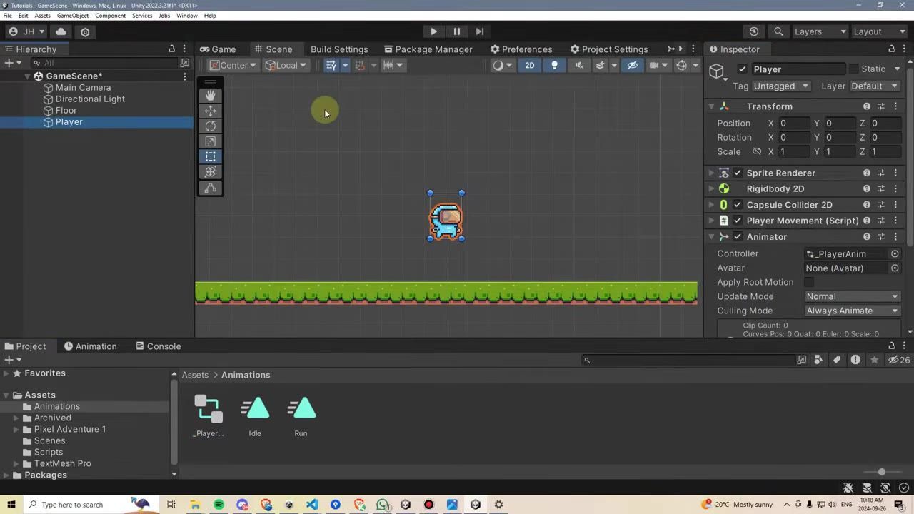Unity Editor with the Player object selected in the Hierarchy and the Animator component expanded in the Inspector showing a controller assigned.