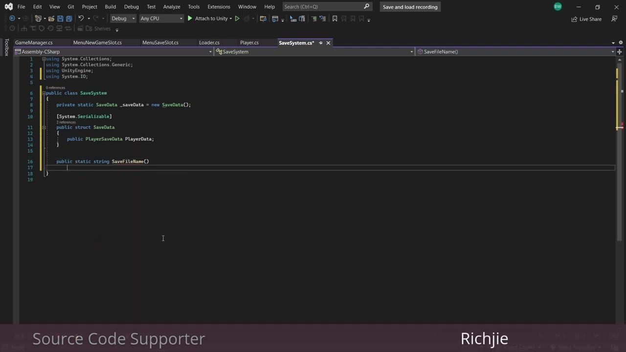 A dark-themed code editor shows the SaveSystem.cs file with a SaveData struct and a SaveFileName() method stub visible.