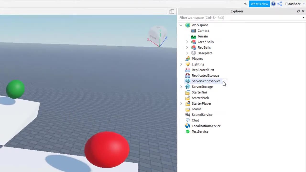 Roblox Studio shows the 3D workspace on the left and the Explorer panel on the right with services like Workspace, Players, and ServerScriptService listed.