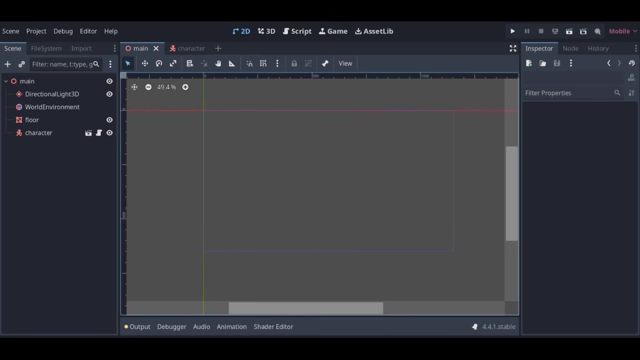 Godot editor with the scene tree on the left and an empty 2D viewport in the center, showing a character node in the hierarchy.