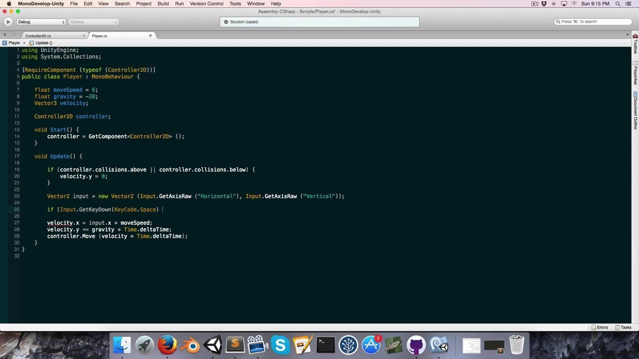 MonoDevelop Unity is open to Player.cs, showing C# code with a grounded collision check and a space key jump input branch.