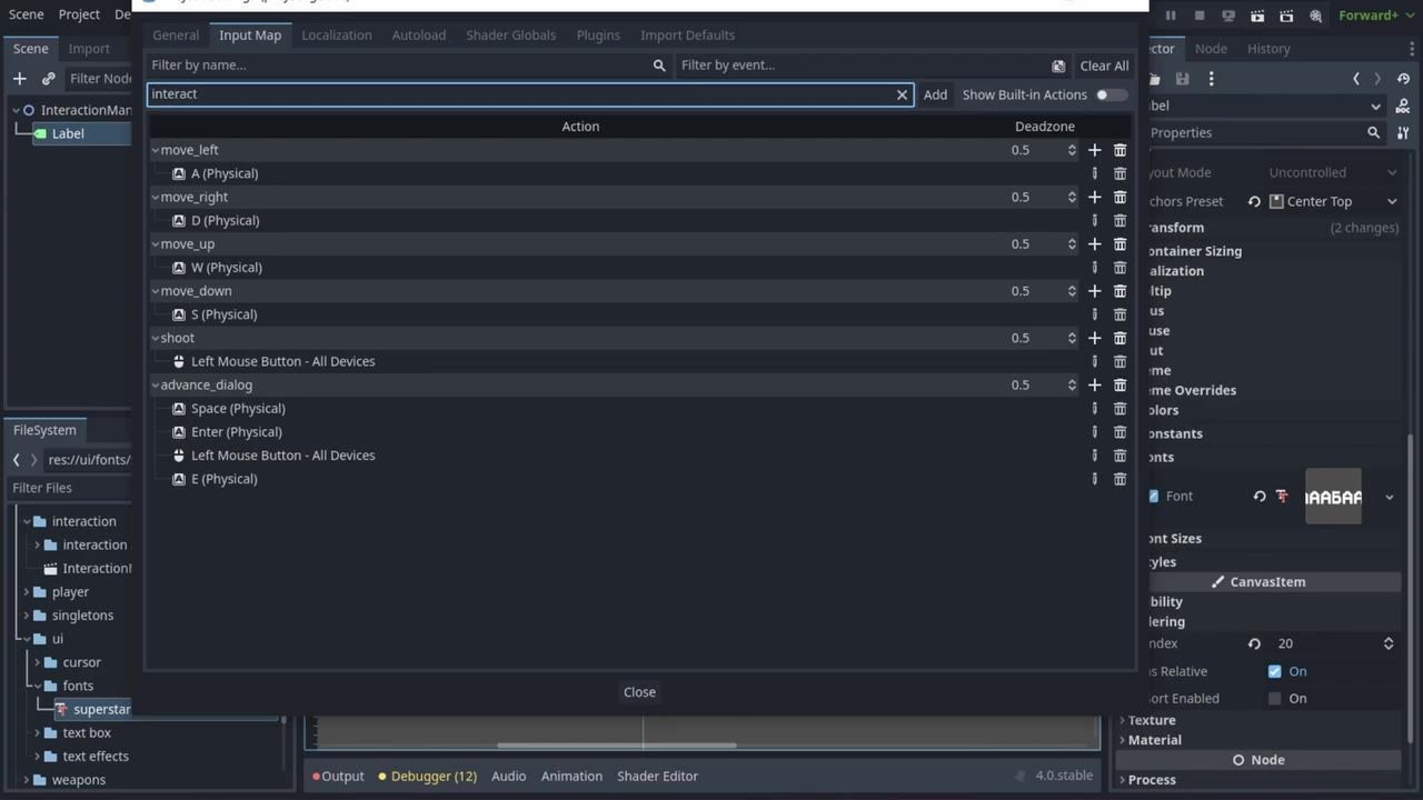 Godot editor Project Settings window open on the Input Map tab with interact typed in the filter field and action bindings listed below.